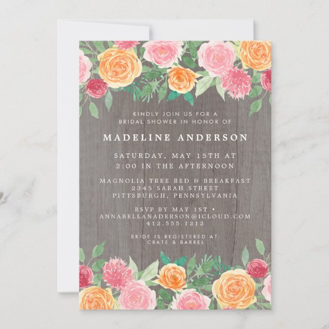 Convites Chá de panela de Fotografia da Madeira Floral Rust (Frente)