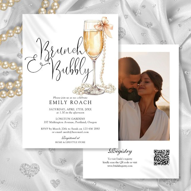 Convites Chá de panela de Fotografia de Código QR Brunch e  (Brunch And Bubbly QR Code Photo Bridal Shower Invitation)