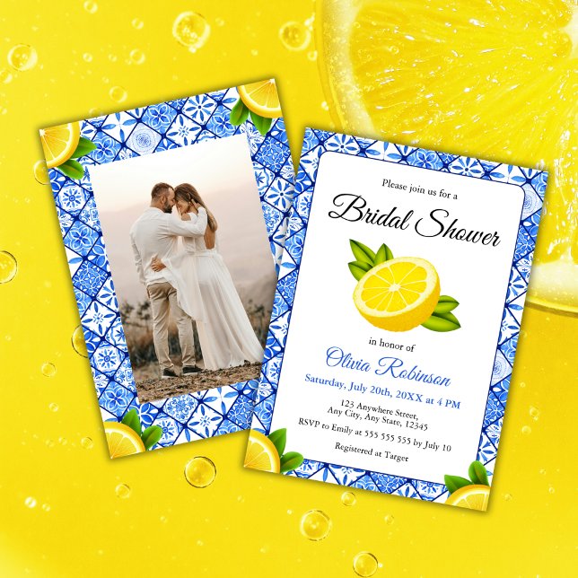 Convites Chá de panela de Fotografia de Limão Azulejo Azul  (Mediterranean Italian Blue Tile Lemon Photo Bridal Shower Invitation   )