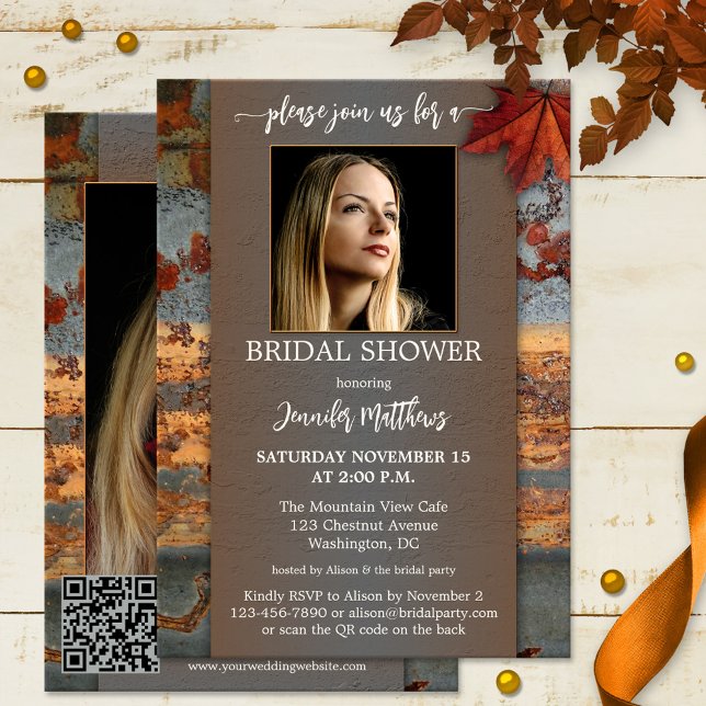 Convites Chá de panela de Fotografia de Queda Industrial (Autumn bridal shower invitation featuring your photos framed by an industrial design + QR code)