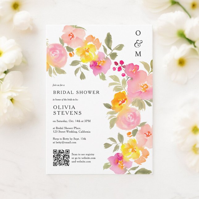 Convites Chá de panela de fotografia do código Qr do monogr (Floral monogram chic Qr code photo bridal shower Invitation)