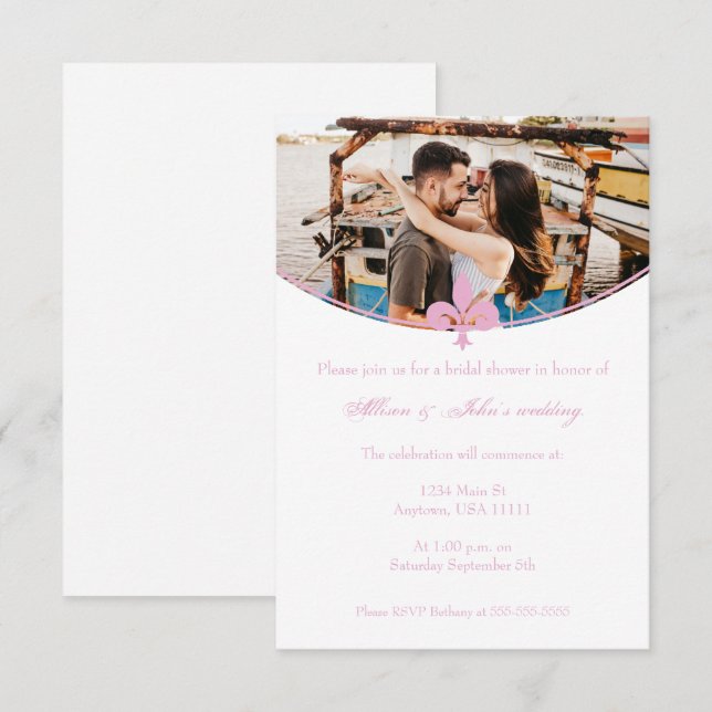 Convites Chá de panela de Fotografia Rosa Fleur de Lis Conv (Frente/Verso)