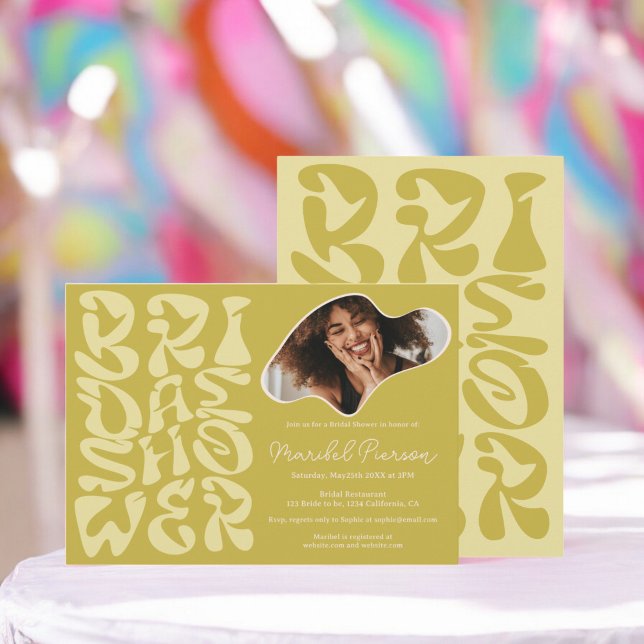 Convites Chá de panela de Fotografia verde-chic do Groovy S (Groovy retro Script chic green Photo bridal shower Invitation)