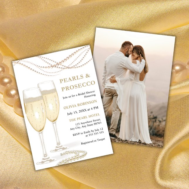 Convites Chá de panela de Fotografias Elegantes Douradas e  (Gold Elegant Pearls & Prosecco Photo Bridal Shower Invitation )