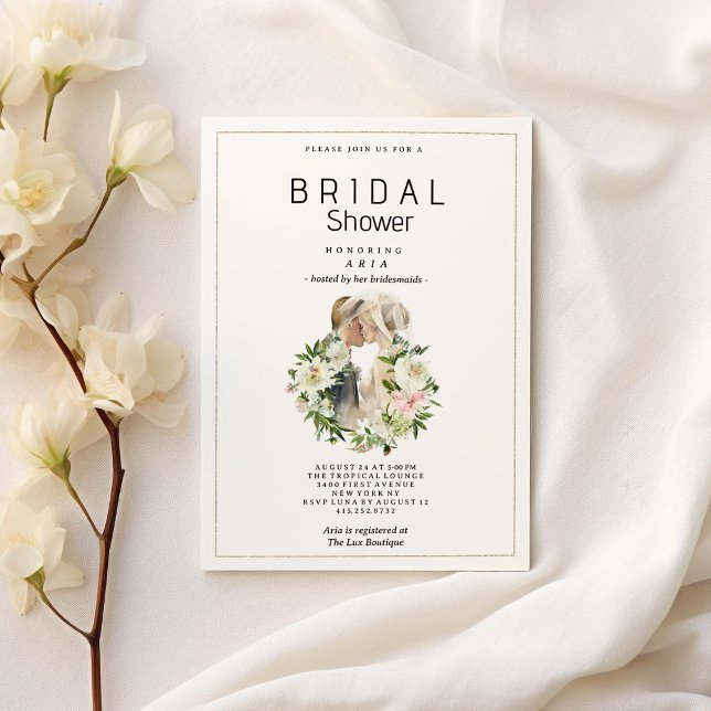 Convites Chá de panela de fotos do casal floral branco-rosa (Mint pink white floral couple photo Bridal Shower)