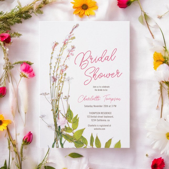 Convites Chá de panela de fotos do script de flores silvest (Modern boho wildflowers script photo bridal shower invitation)