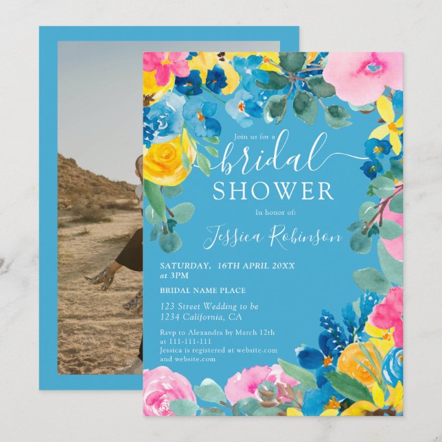 Convites Chá de panela de fotos florais azul-russo (Frente/Verso)