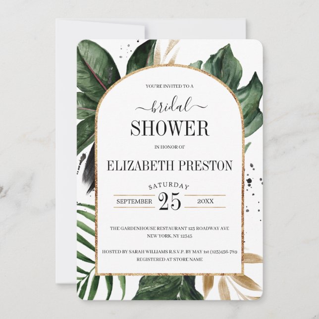 Convites Chá de panela de Frame de Arco de Folhas Tropicais (Frente)