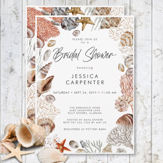 Convites Chá de panela de Frame de Célula Tropical Moderna (Modern Tropical Seashell Frame Bridal Shower Invitation)