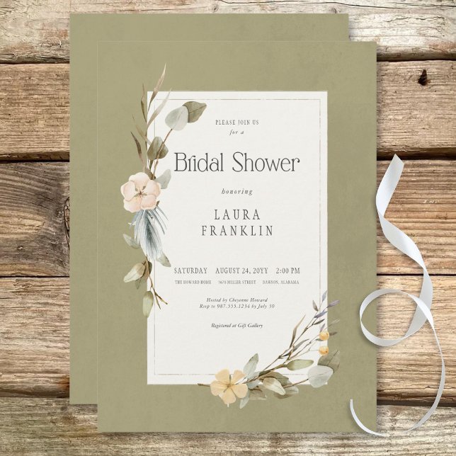 Convites Chá de panela de Frame Floral de Boho Seco (Dried Boho Floral Frame Sage Bridal Shower Invitation)