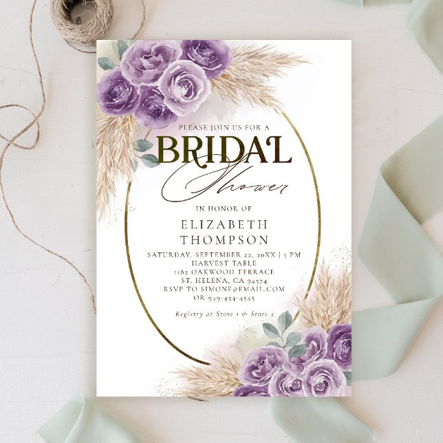 Convites Chá de panela de Frame Floral Russo Purple Boho Ch (boho chic rustic purple bridal shower invitation watercolor elegant floral frame barn ranch garden)