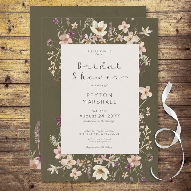 Convites Chá de panela de Frame Verde de Flor Selvagem Russ (Rustic Pink Wildflower Frame Bridal Shower Invitation)