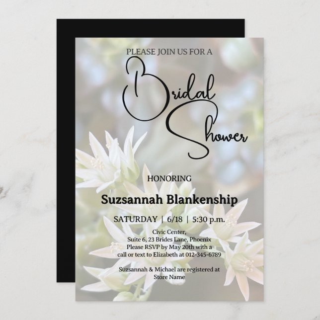 Convites Chá de panela de Fundo Floral Suculto Branco (Frente/Verso)