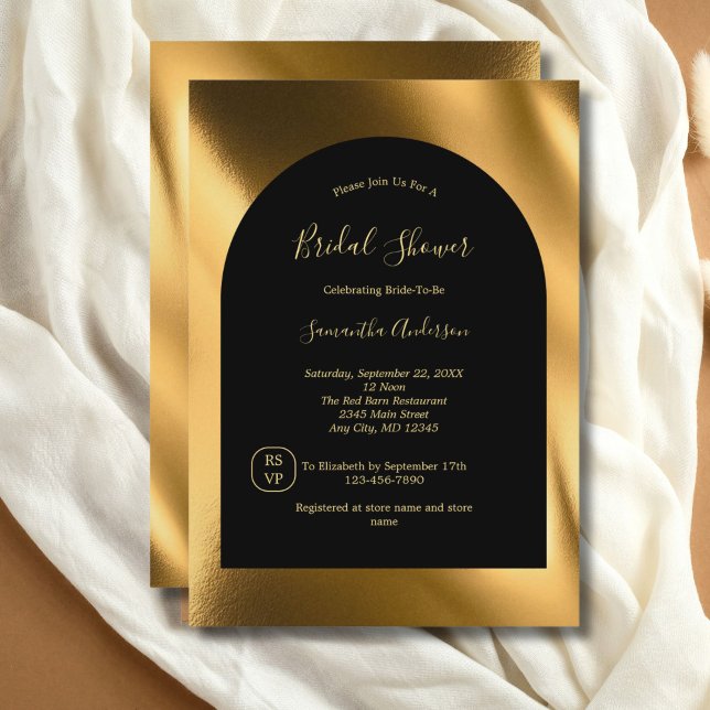 Convites Chá de panela de Gama de Na moda Moderno Dourado P (Black Gold Foil Elegant Stylish Chic Modern Bridal Shower invitation)