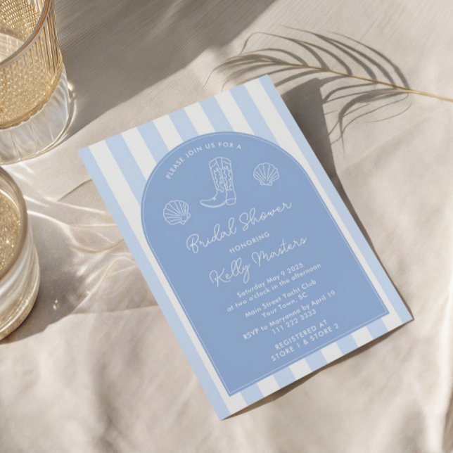 Convites Chá de panela de Garota Costeira Azul e Branca Mod (Simple uncomplicated blue and white Coastal Cowgirl theme bridal shower invite template)