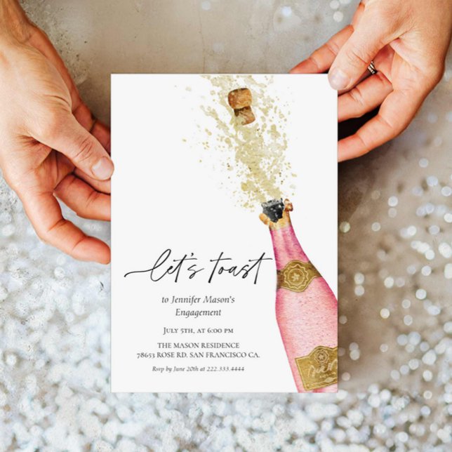Convites Chá de panela de Garrafa de Champanhe Cor-de-Rosa  (Elegant Let's Toast Engagement Party Invitation)