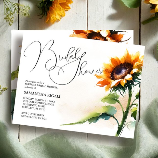 Convites Chá de panela de girassol (rustic sunflower bridal shower invitations in watercolor shades of yellow and green by VG Invites)