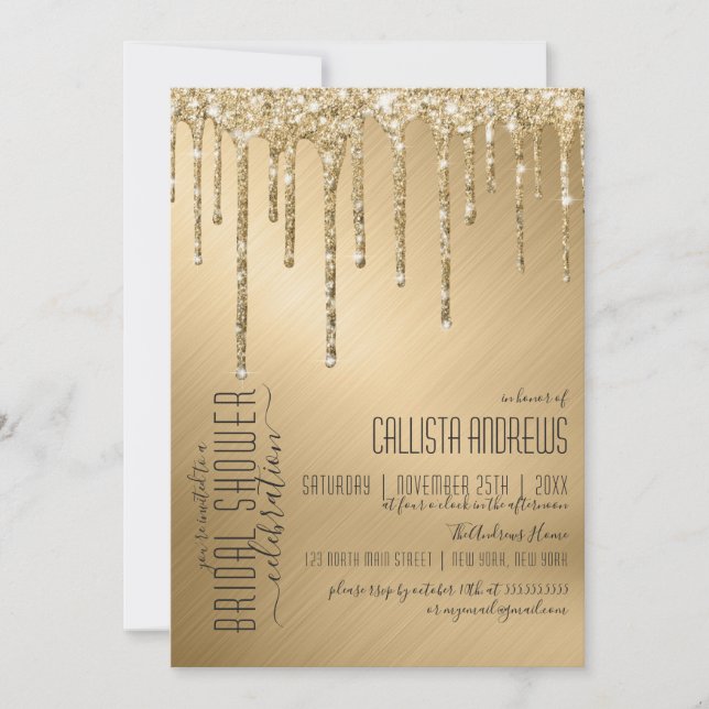 Convites Chá de panela de Glitter Dourado Luxury Sparkly (Frente)