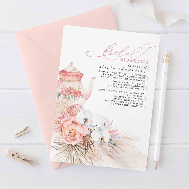 Convites Chá de panela de Grama de Pampas Flores, Cor-de-ro (Bridal Shower Tea Party Invitations Boho Florals and Teapot)