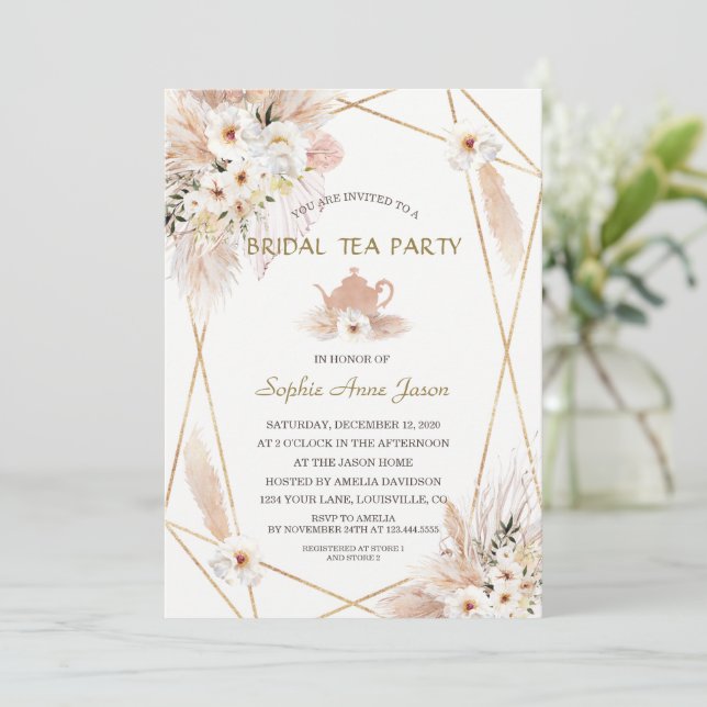 Convites Chá de panela de Grama Pampas de Rosas Brancas do  (Em pé/Frente)