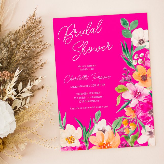 Convites Chá de panela de guião de flores silvestres, arroj (Bright bold wild flowers script bridal shower invitation on neon pink)