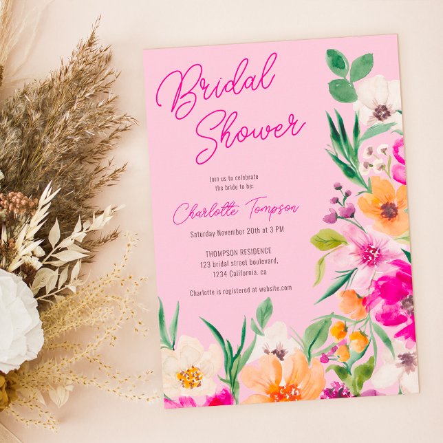 Convites Chá de panela de guião de flores silvestres, arroj (Bright bold wild flowers script bridal shower invitation)