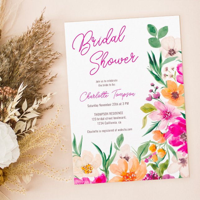 Convites Chá de panela de guião de flores silvestres, arroj (Bright bold wild flowers script bridal shower invitation)