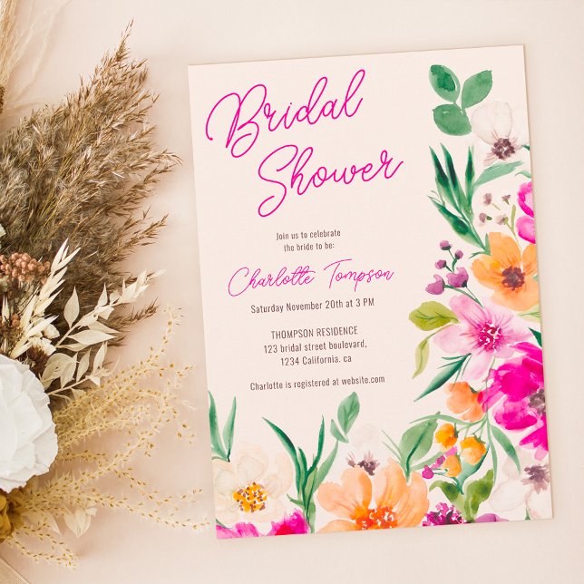 Convites Chá de panela de guião de flores silvestres, arroj (Bright bold wild flowers script bridal shower invitation on pastel pink)