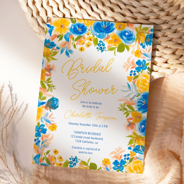 Convites Chá de panela de guisado de flores silvestres do c (Bright country wild flowers script bridal shower invitation)