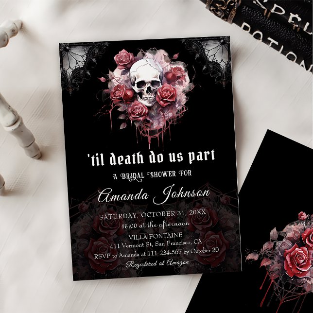 Convites Chá de panela de Halloween do Rosa preto gótico (Criador carregado)