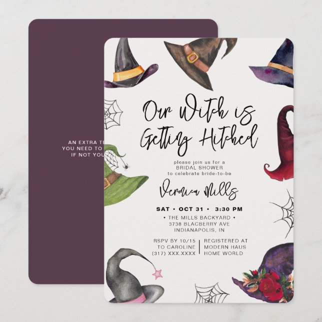 Convites Chá de panela de Halloween Roxo de Bruxa Atingida (Frente/Verso)