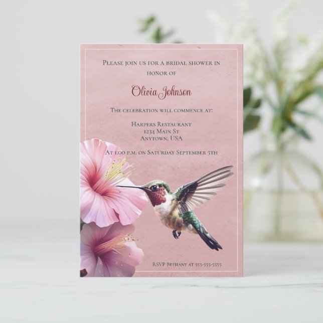 Convites Chá de panela de Hummingbird e Hibiscus | Cor de R (Em pé/Frente)