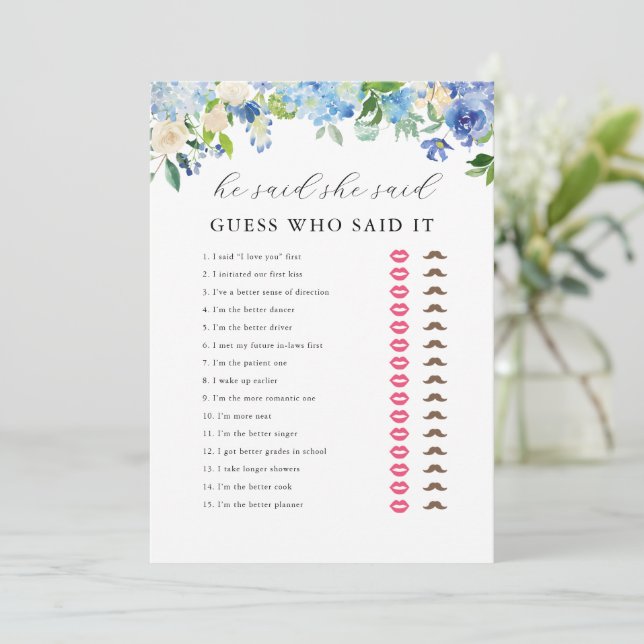 Convites Chá de panela de Hydrangea Azul Ele disse que ela  (Em pé/Frente)