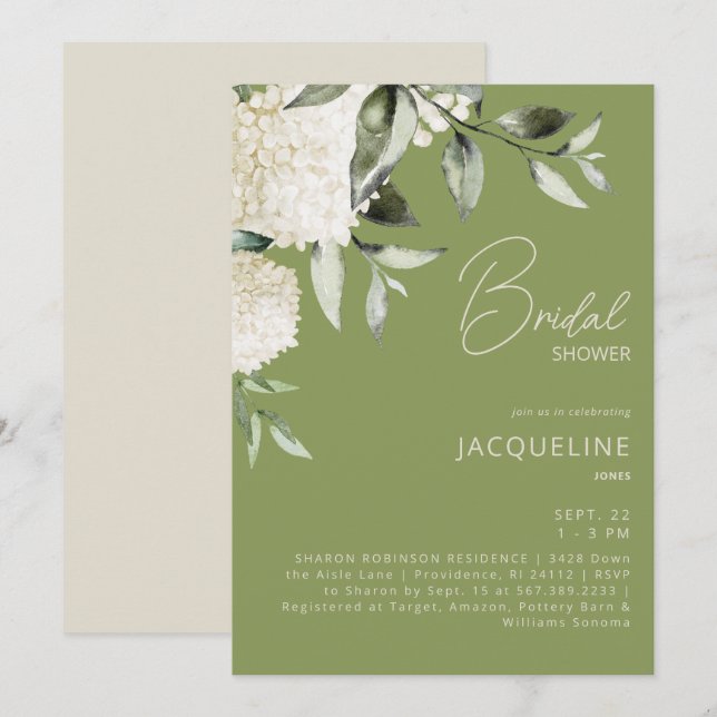 Convites Chá de panela de Hydrangeas White Verde Moss (Frente/Verso)
