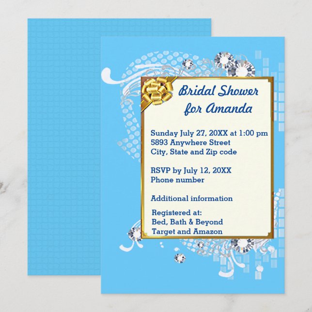 Convites Chá de panela de Imagem de Frame & Diamantes Azul  (Frente/Verso)