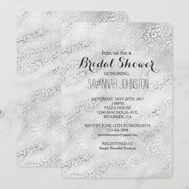 Convites Chá de panela de Impressão do Silver Leopardo (Frente/Verso)