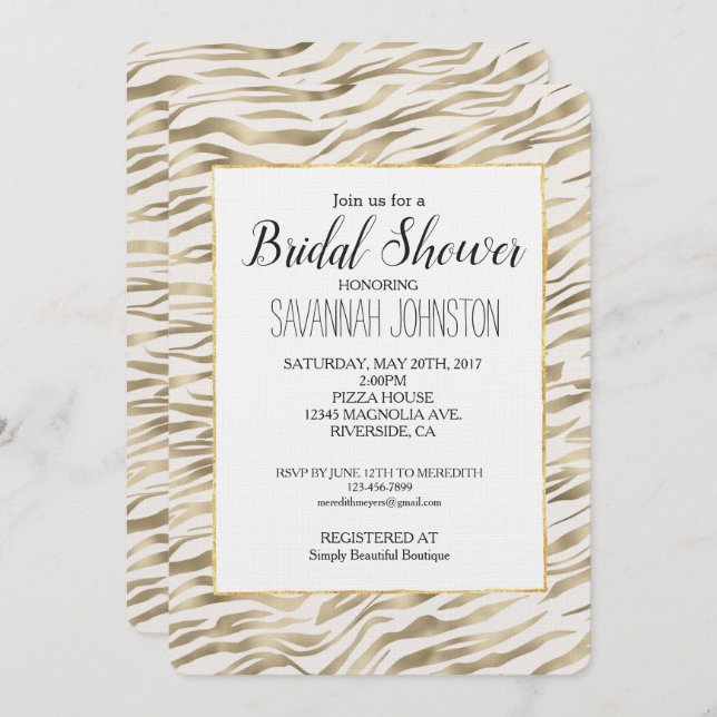 Convites Chá de panela de Impressão Zebra Dourada (Frente/Verso)