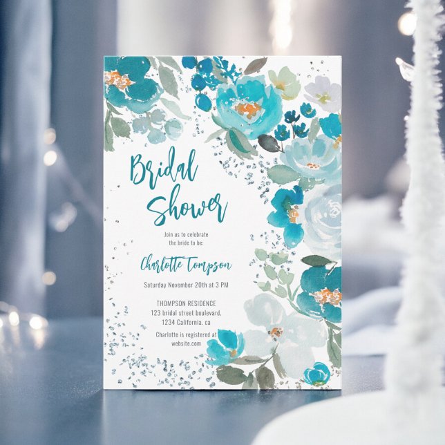 Convites Chá de panela de inverno azul-cola pintado à mão (Hand Painted Blue chic Floral Winter bridal shower Invitation)
