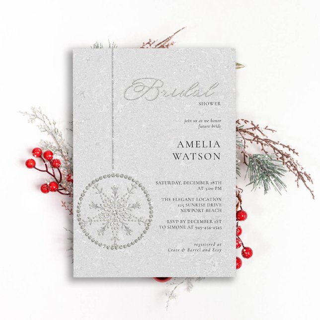 Convites Chá de panela de inverno branco com floco de neve  (winter bridal shower invitation christmas bauble snowflake bling rhinestones glitter white classy)