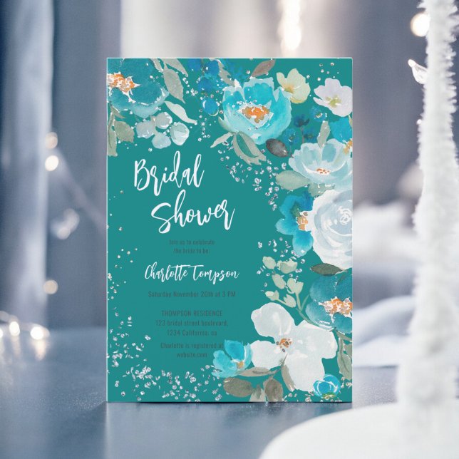 Convites Chá de panela de inverno com palha azul pintada à  (Hand Painted Blue Teal Floral Winter bridal shower Invitation)