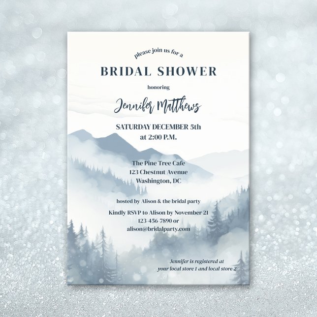 Convites Chá de panela de inverno da Pine Tree Forest (Watercolor winter bridal shower invitation featuring a hazy mountain scene with pine forests)