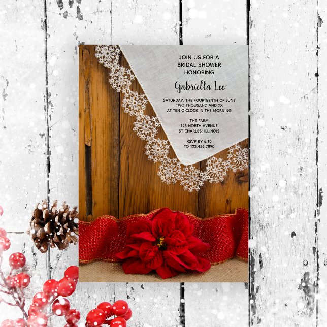 Convites Chá de panela de inverno Rustic Poinsettia Country (Set a warm festive tone for your bridal shower with this wintery rustic invitation.)