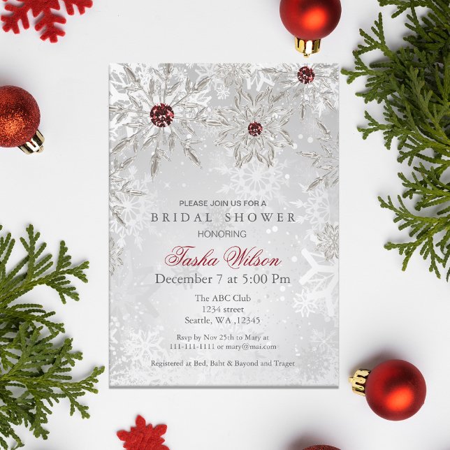 Convites Chá de panela de inverno Silver Red Crystal Snowfl (Silver Red Crystal Snowflakes Winter Bridal Shower Invitation)