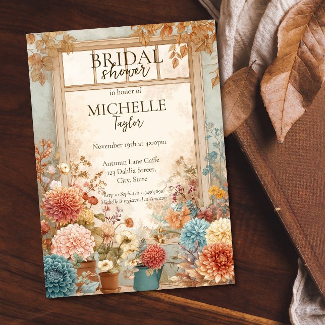 Convites Chá de panela de Jardim Flor do outono (florist shop window with autumn flowers watercolor bridal shower invitation)