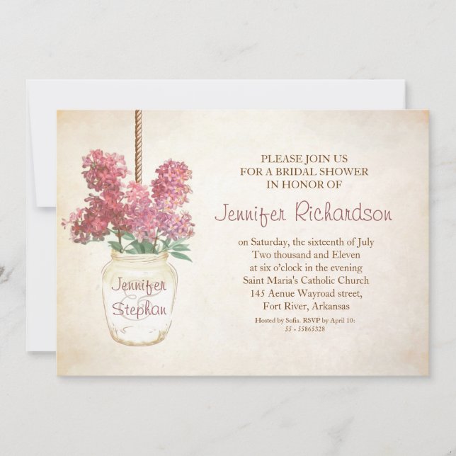 Convites chá de panela de jarro e lilases rosa mason (Frente)