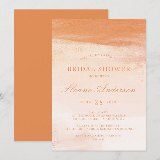 Convites Chá de panela de Lavagem de Coral e Peach Watercol (Frente/Verso)