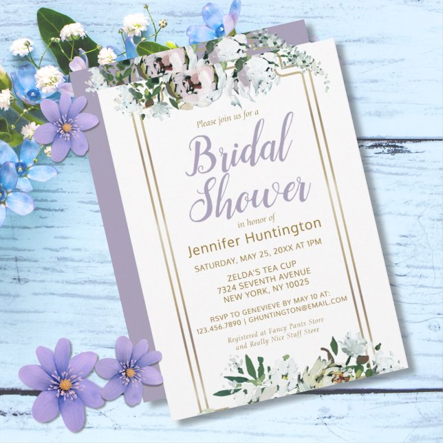 Convites Chá de panela de Lavanda Floral de Meio-Verão com  (Pretty Watercolor Rose Lavender Bridal Shower Invitation)