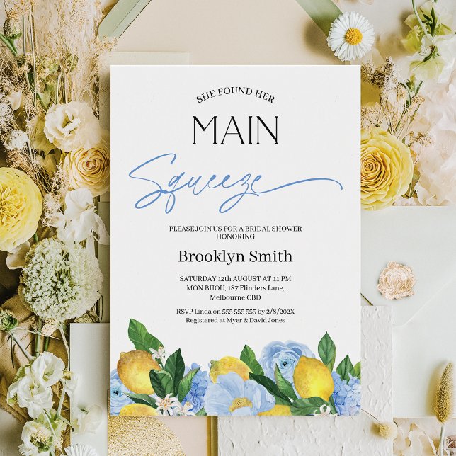 Convites Chá de panela de Lemon Floral Azul Moderno (Lemon Bridal Shower Invitation Template, She Found Her Main Squeeze Bridal Shower Invitation, Blue )