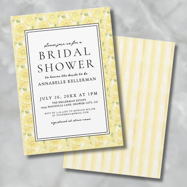 Convites Chá de panela de limão amarelo Elegante (Elegant Yellow Lemon Citrus Bridal Shower Invitation)