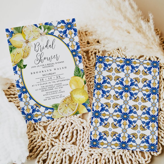 Convites Chá de panela de limão Azulejo amarelo azul (Blue and Yellow Lemon Bridal Shower Invitation Template easy to edit designed by Fig tree Design.)